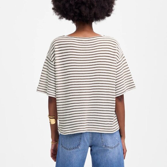 Madewell Embroidered Boxy Knit Short Sleeve Tee Stripe White Brown Size M NWT - Picture 3 of 8